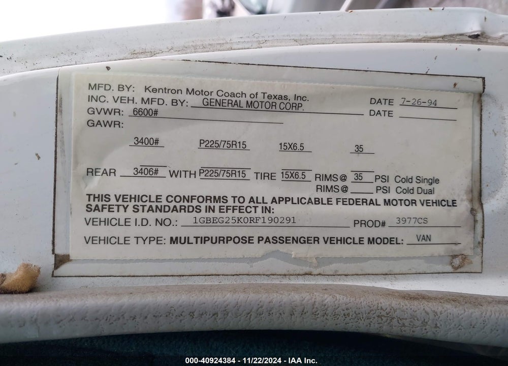 1994 CHEVROLET G20 VIN: 1GBEG25K0RF190291
