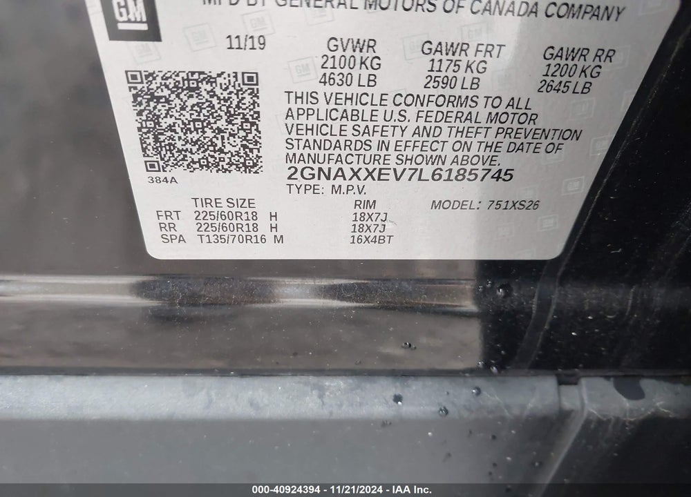 2020 CHEVROLET EQUINOX AWD PREMIER 1.5L TURBO VIN: 2GNAXXEV7L6185745