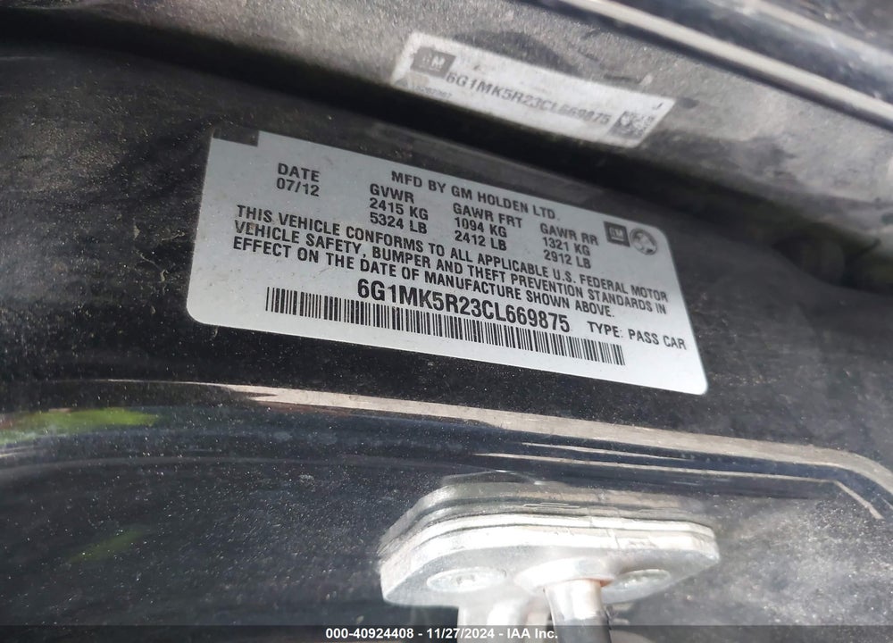2012 CHEVROLET CAPRICE POLICE VIN: 6G1MK5R23CL669875