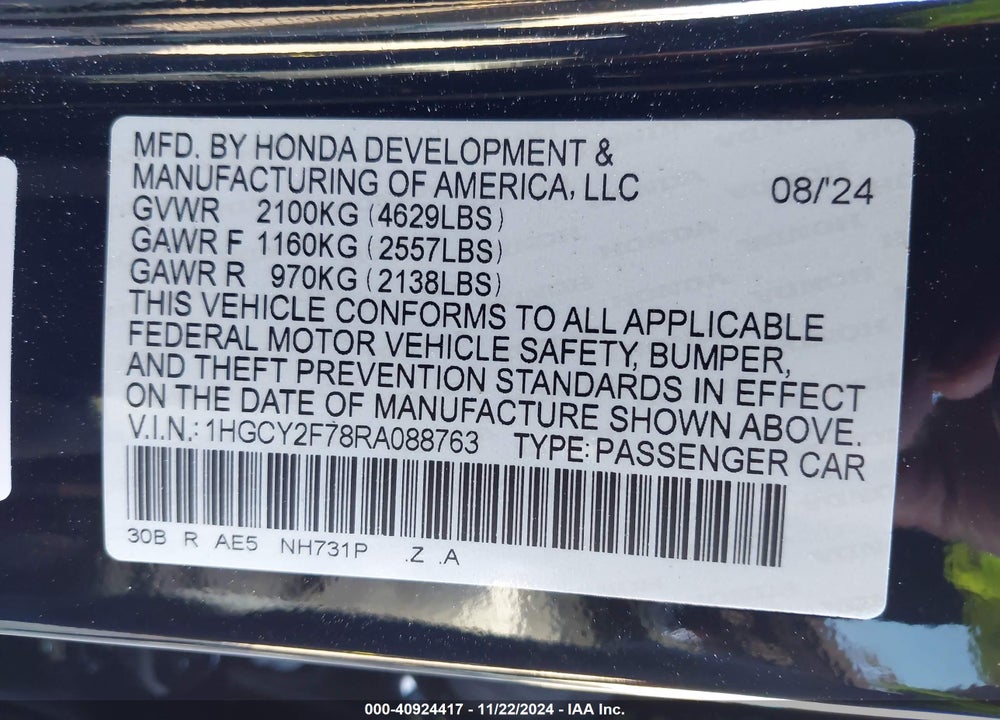 2024 HONDA ACCORD HYBRID SPORT-L VIN: 1HGCY2F78RA088763