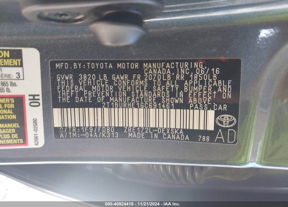 2016 TOYOTA COROLLA S PLUS VIN: 2T1BURHE1GC691461