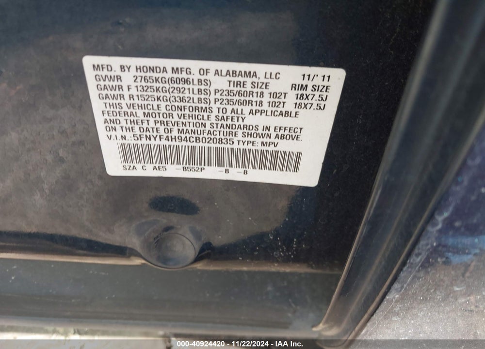 2012 HONDA PILOT TOURING VIN: 5FNYF4H94CB020835