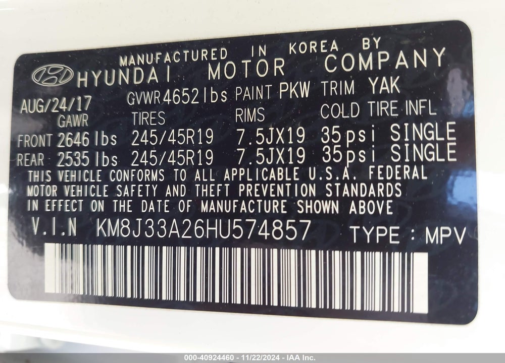 2017 HYUNDAI TUCSON VALUE VIN: KM8J33A26HU574857