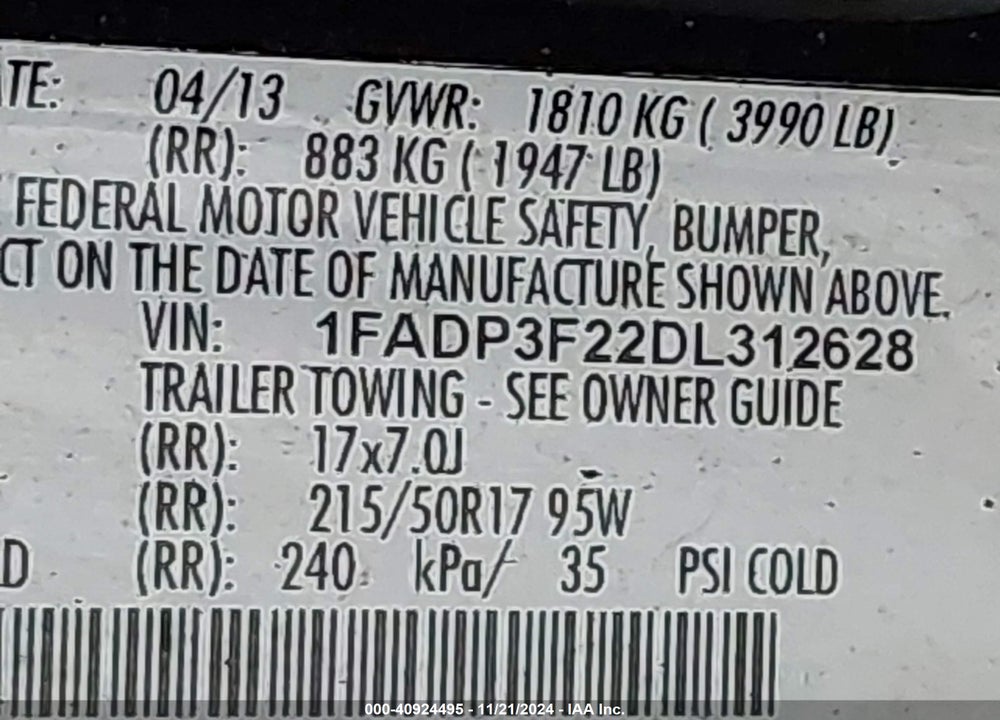 2013 FORD FOCUS SE VIN: 1FADP3F22DL312628