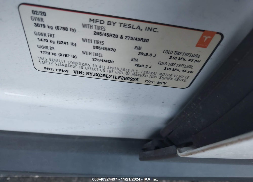 2020 TESLA MODEL X VIN: 5YJXCBE21LF260926