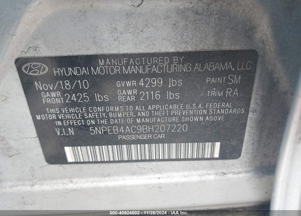2011 HYUNDAI SONATA GLS VIN: 5NPEB4AC9BH207220