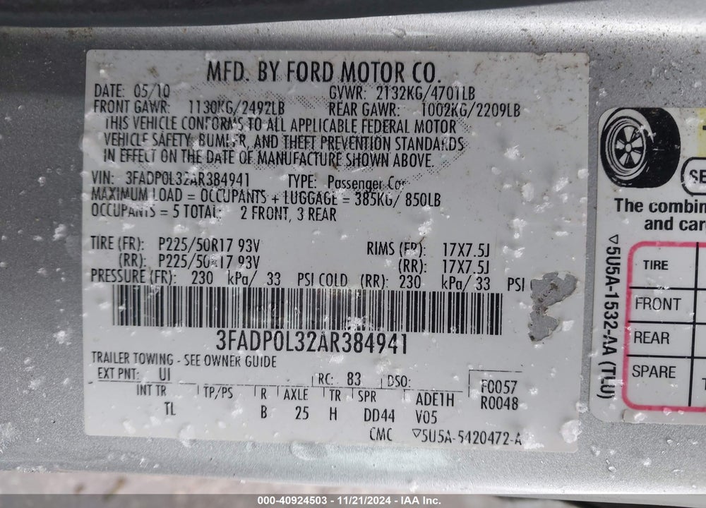 2010 FORD FUSION HYBRID VIN: 3FADP0L32AR384941
