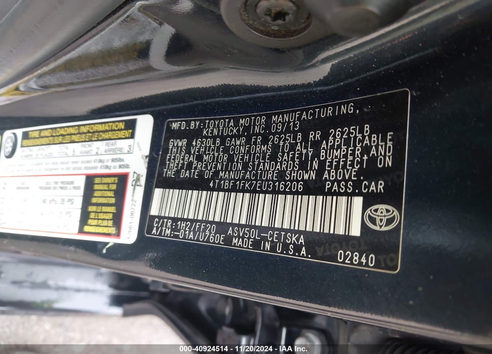 2014 TOYOTA CAMRY SE VIN: 4T1BF1FK7EU316206