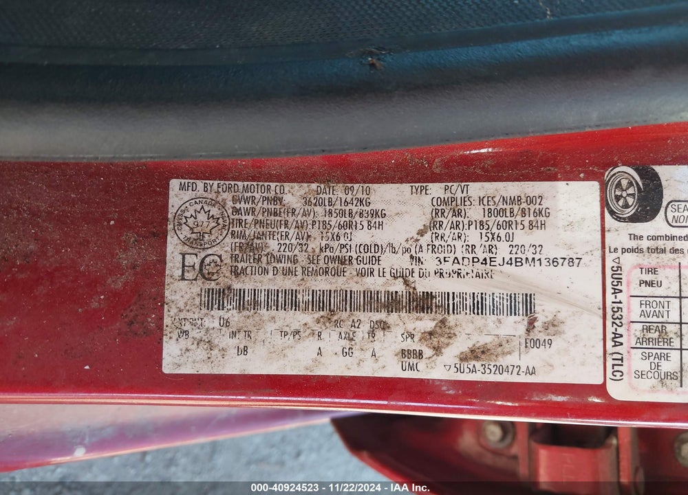 2011 FORD FIESTA SE VIN: 3FADP4EJ4BM136787