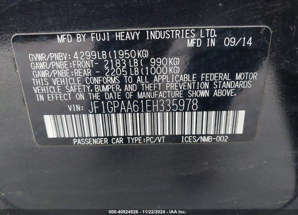 2014 SUBARU IMPREZA 2.0I VIN: JF1GPAA61EH335978