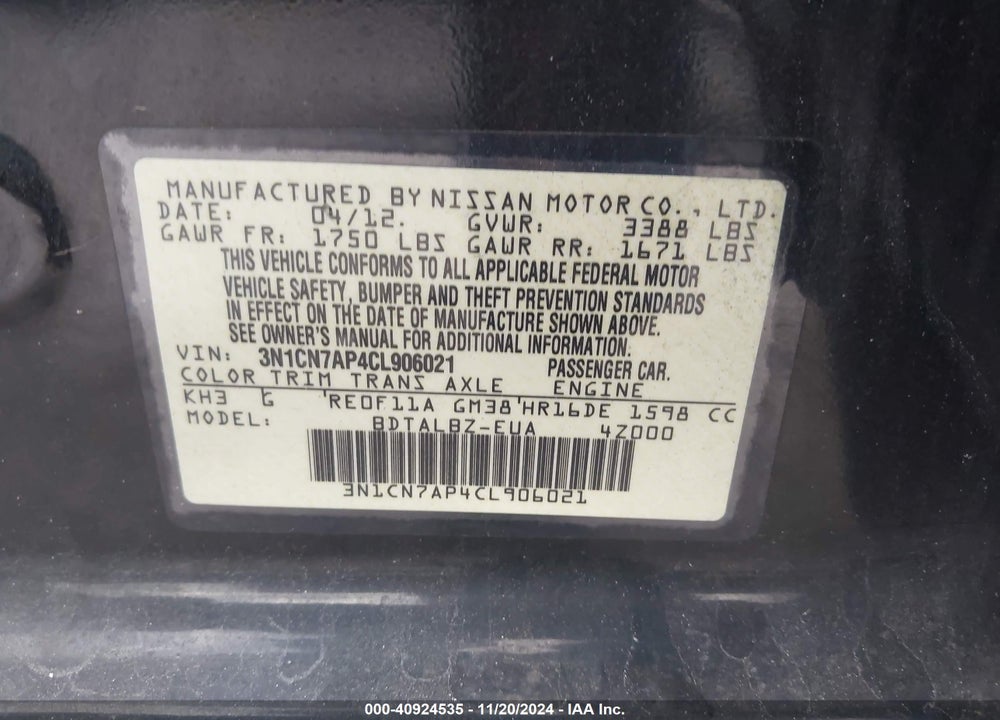 2012 NISSAN VERSA 1.6 SV VIN: 3N1CN7AP4CL906021
