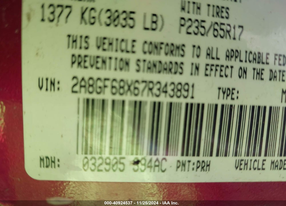 2007 CHRYSLER PACIFICA TOURING VIN: 2A8GF68X67R343891