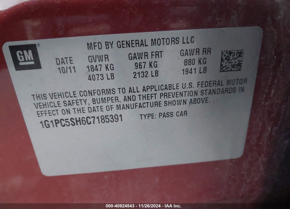 2012 CHEVROLET CRUZE LS VIN: 1G1PC5SH6C7185391