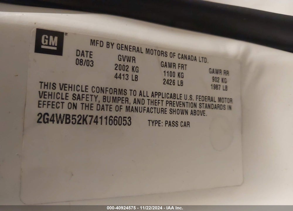 2004 BUICK REGAL LS VIN: 2G4WB52K841243433