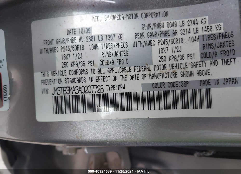 2010 MAZDA CX-9 TOURING VIN: JM3TB3MA3A0207728