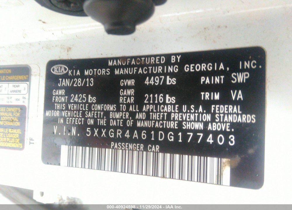 2013 KIA OPTIMA SX VIN: 5XXGR4A61DG177403
