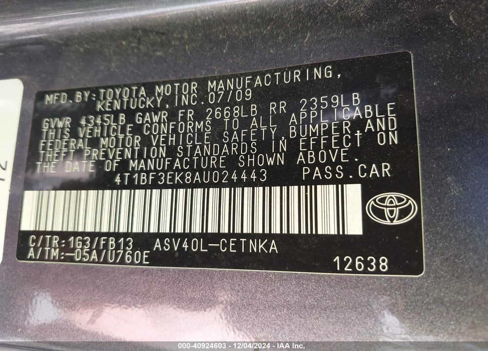 2010 TOYOTA CAMRY SE/LE/XLE VIN: 4T1BF3EK8AU024443