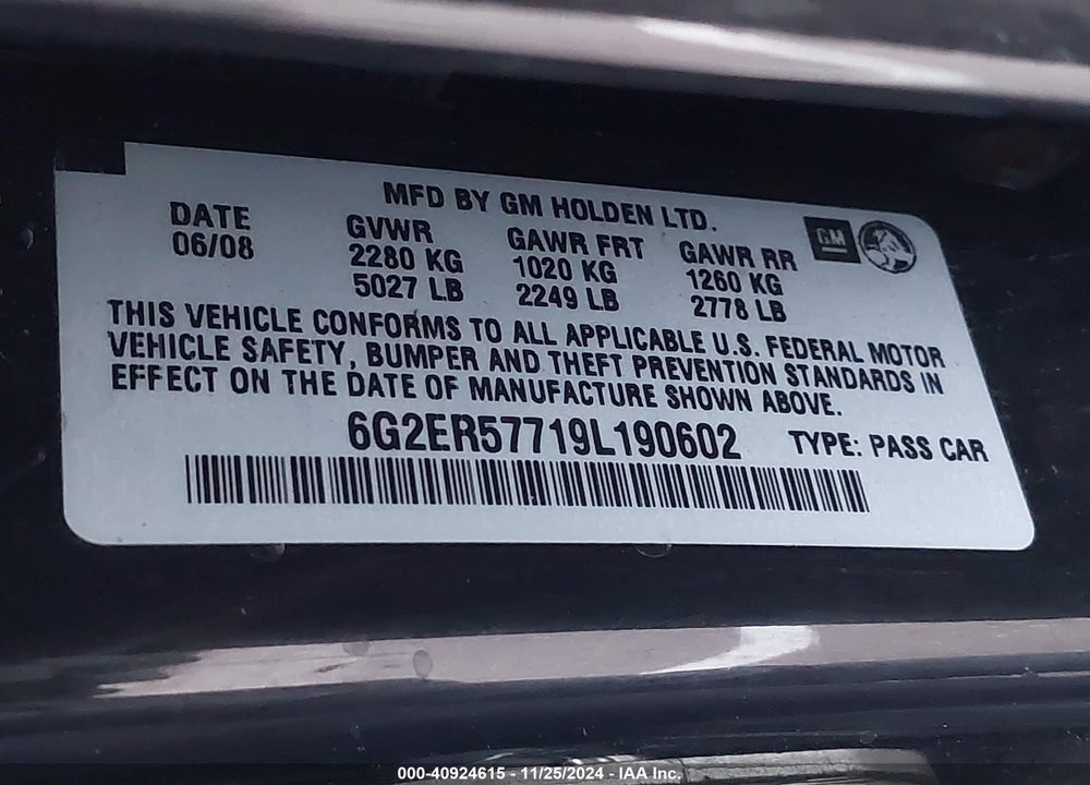 2009 PONTIAC G8 VIN: 6G2ER57719L190602
