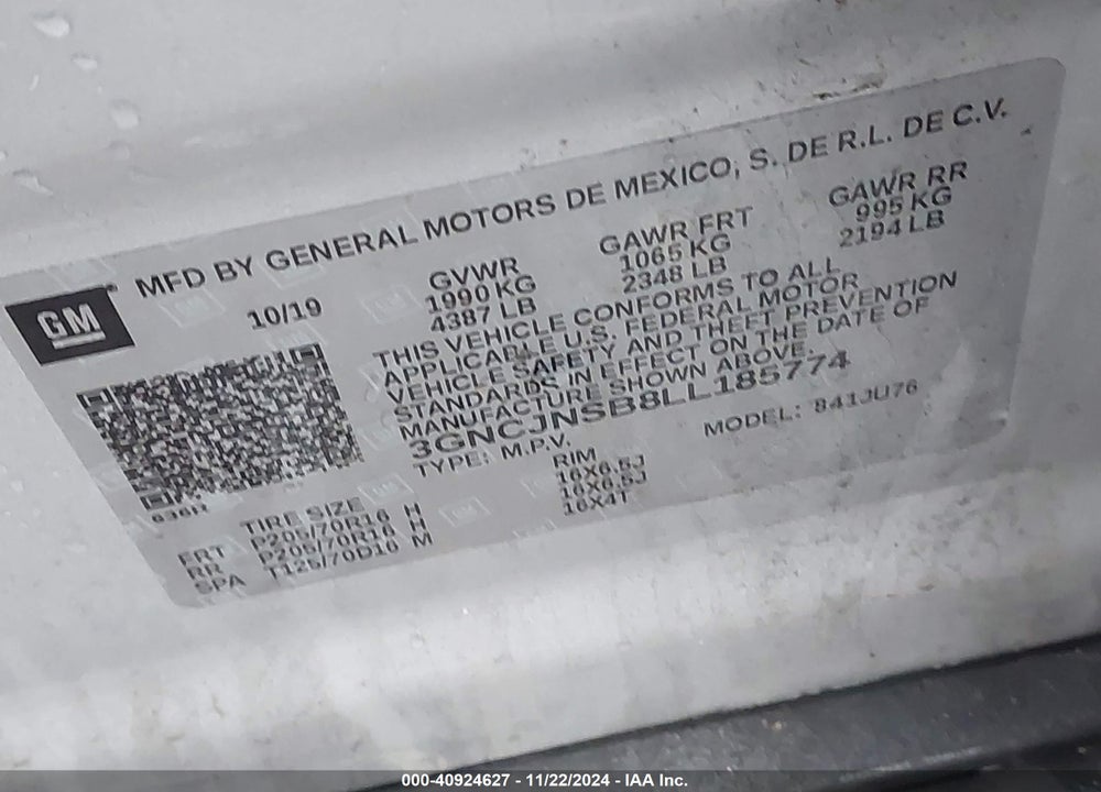 2020 CHEVROLET TRAX AWD LS VIN: 3GNCJNSB8LL185774