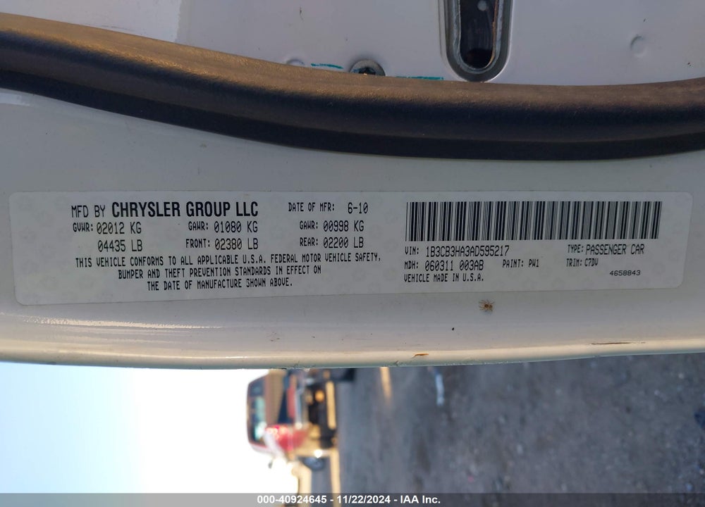 2010 DODGE CALIBER MAINSTREET VIN: 1B3CB3HA3AD595217
