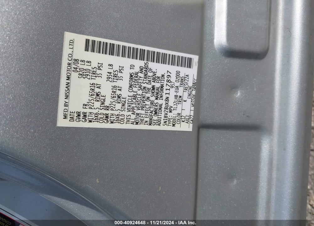 2008 NISSAN QUEST 3.5 S VIN: 5N1BV28UX8N117897