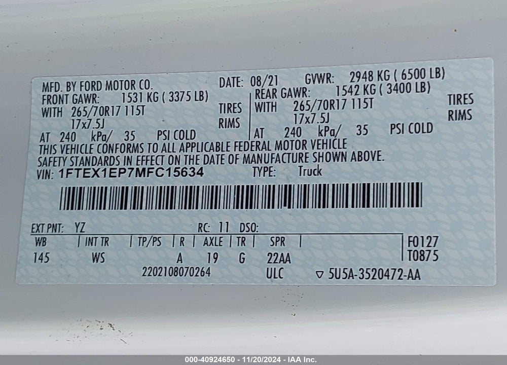 2021 FORD F-150 XL VIN: 1FTEX1EP7MFC15634