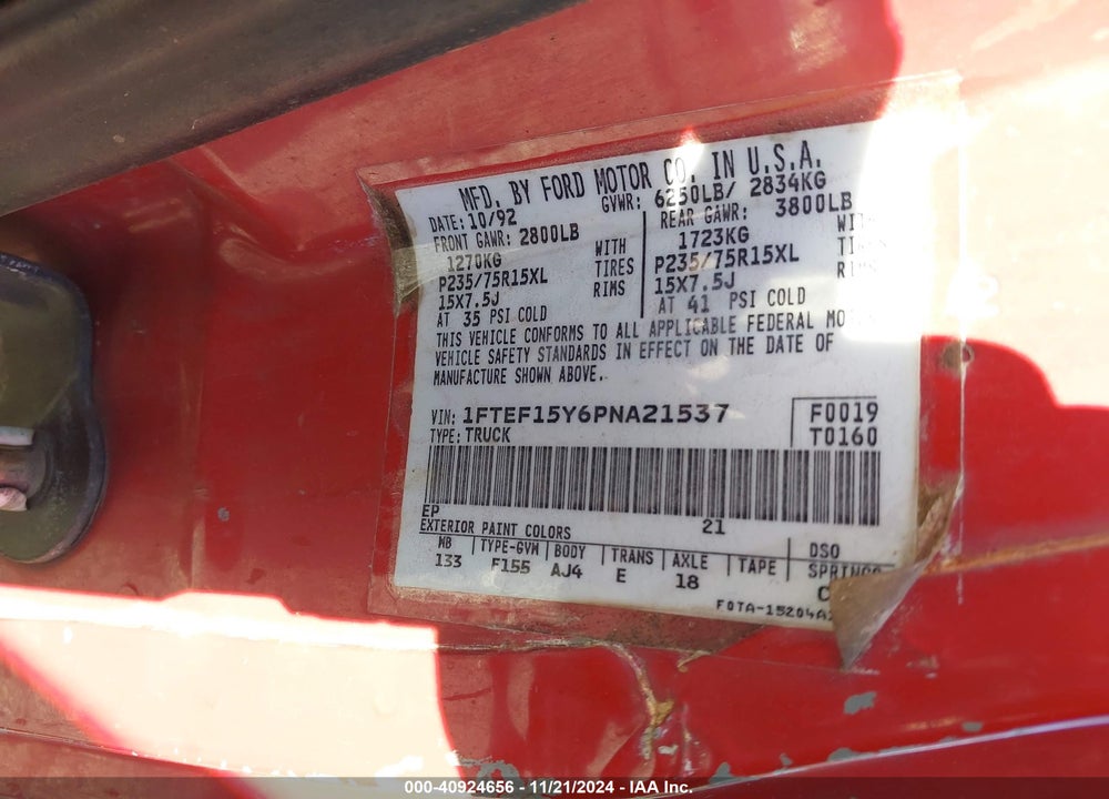 1993 FORD F150 VIN: 1FTEF15Y6PNA21537