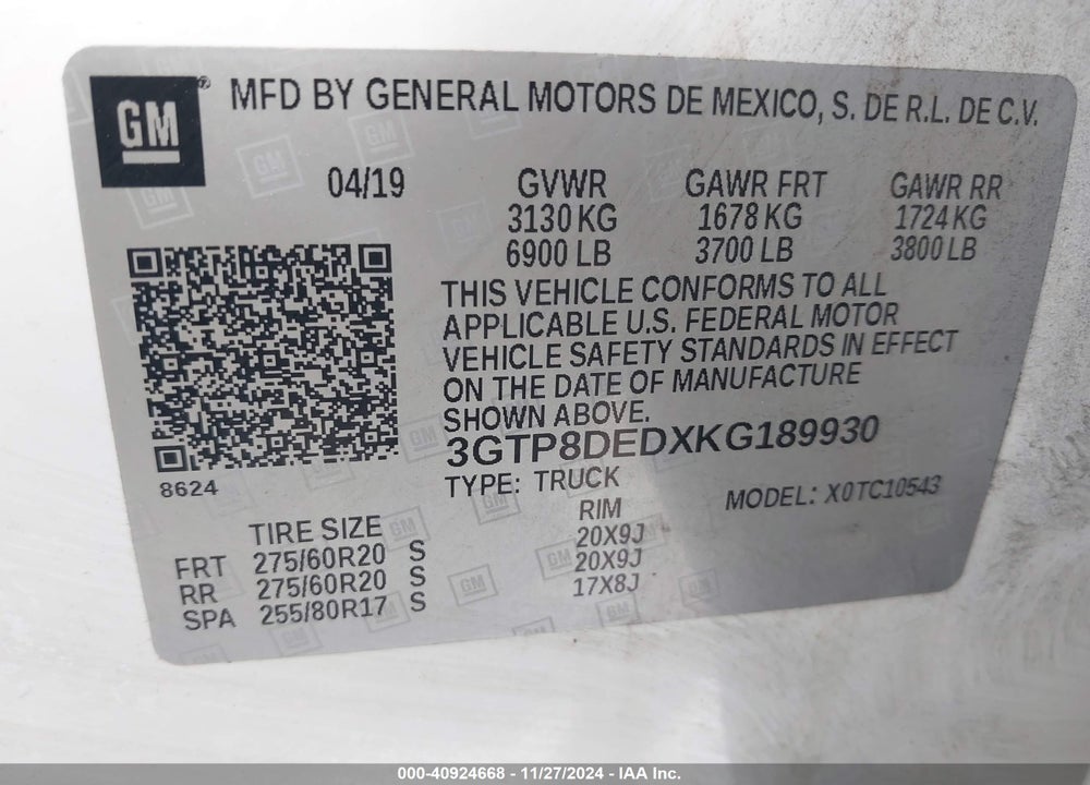 2019 GMC SIERRA 1500 SLT VIN: 3GTP8DEDXKG189930
