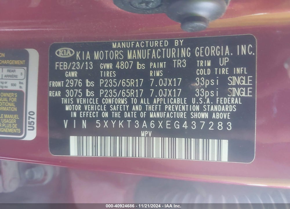 2014 KIA SORENTO LX VIN: 5XYKT3A6XEG437283