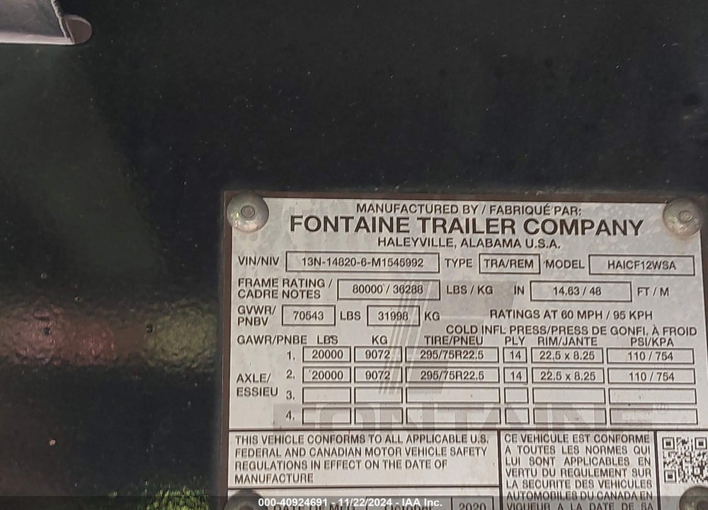 2021 FONTAINE TRAILER CO TRAILER VIN: 13N148206M1545992