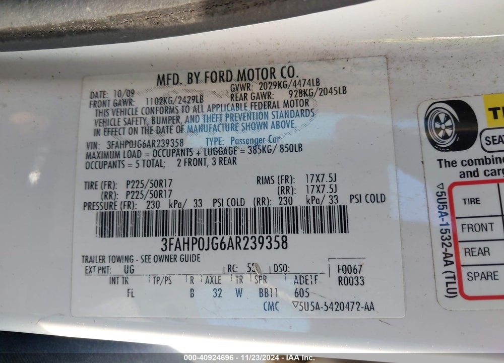 2010 FORD FUSION SEL VIN: 3FAHP0JG6AR239358