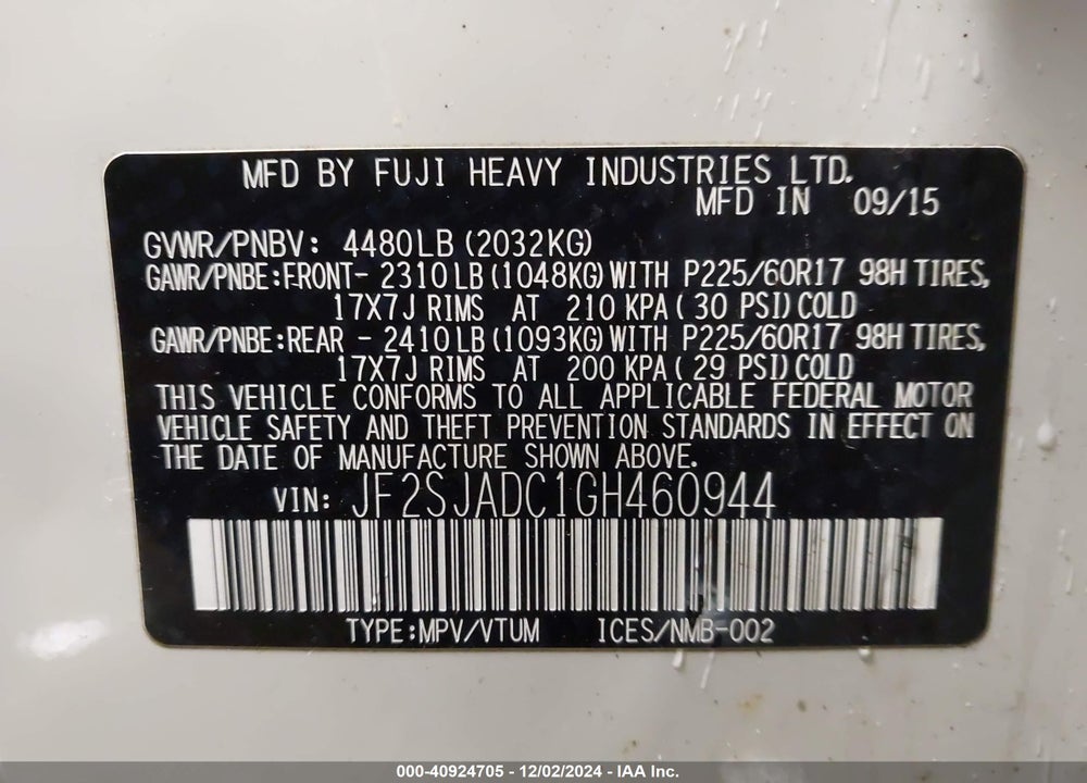 2016 SUBARU FORESTER VIN: JF2SJADC1GH460944