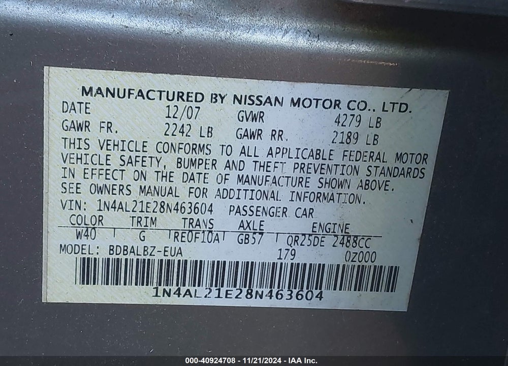 2008 NISSAN ALTIMA 2.5 S VIN: 1N4AL21E28N463604