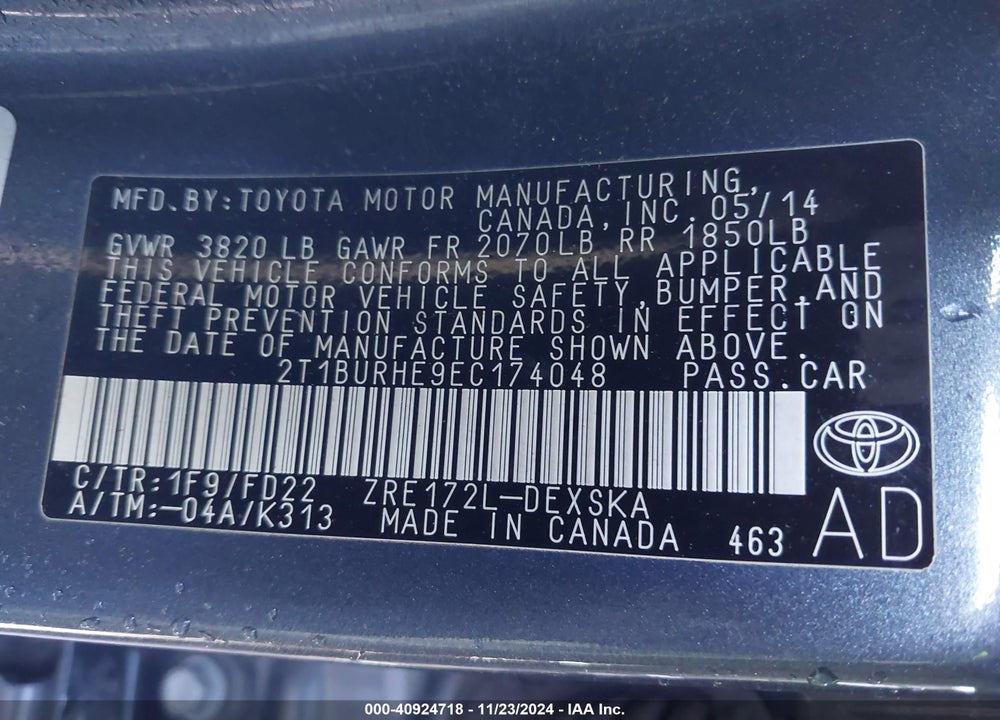 2014 TOYOTA COROLLA S PLUS VIN: 2T1BURHE9EC174048