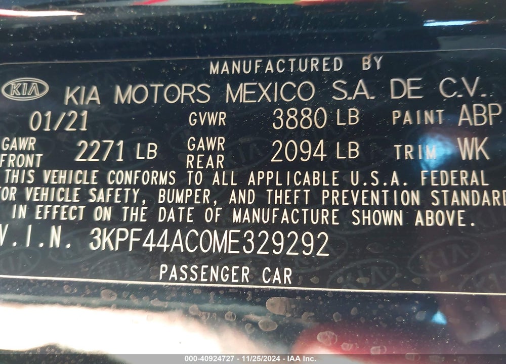 2021 KIA FORTE GT MANUAL VIN: 3KPF44AC0ME329292