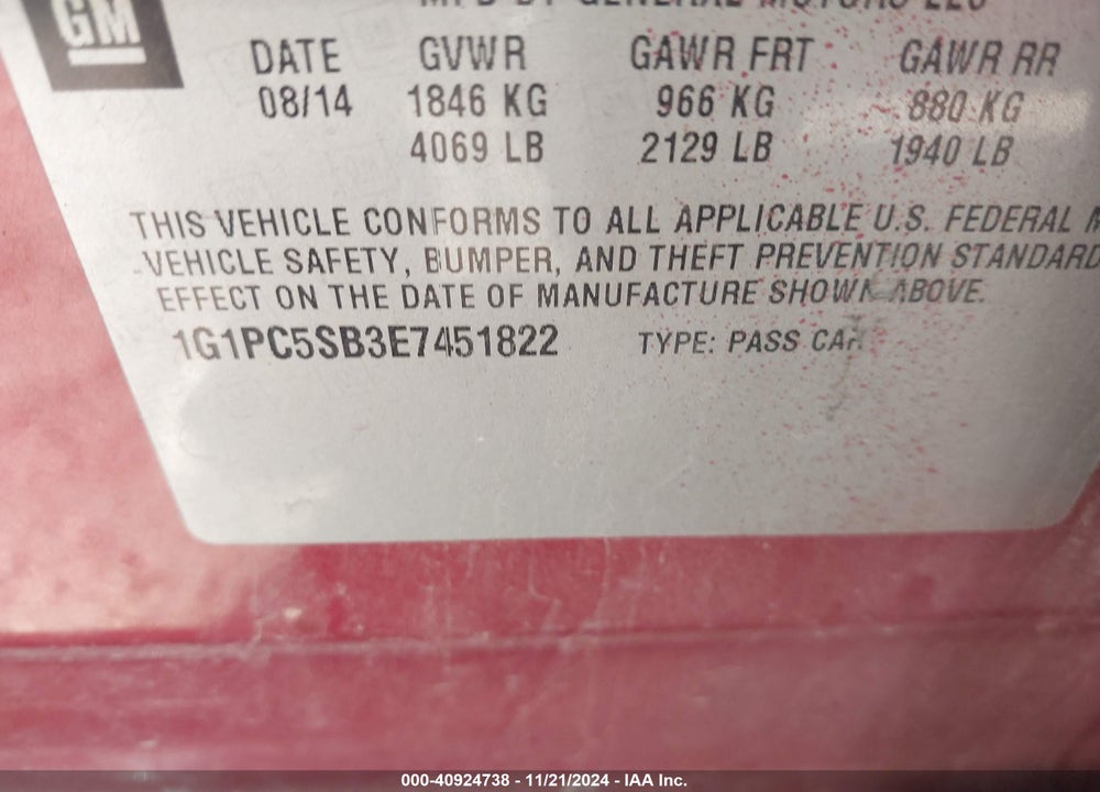 2014 CHEVROLET CRUZE 1LT AUTO VIN: 1G1PC5SB3E7451822