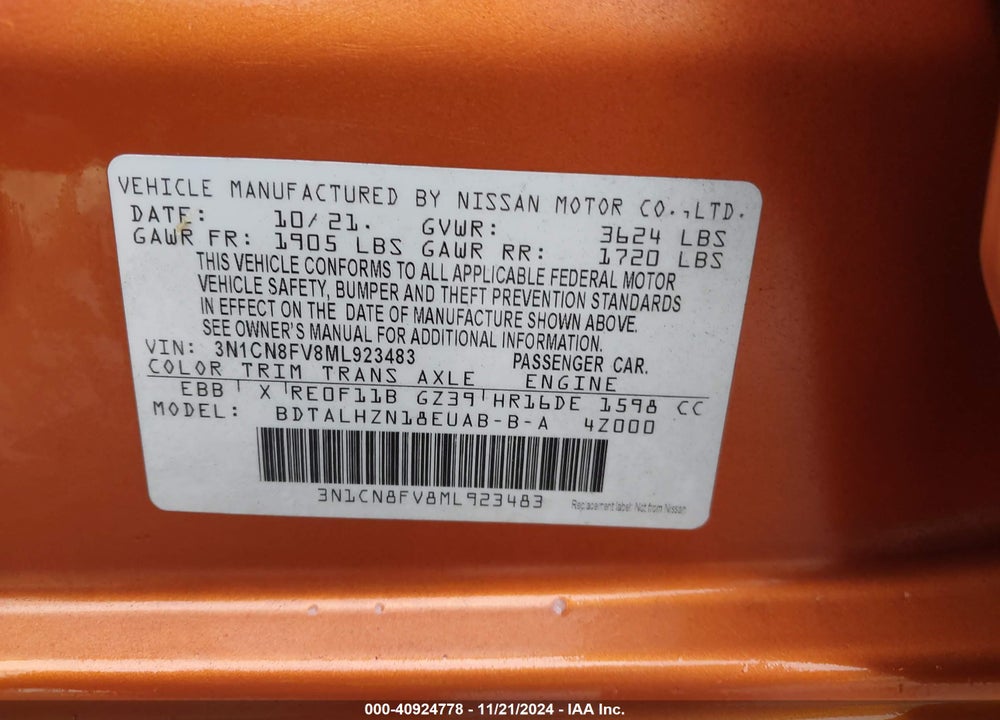 2021 NISSAN VERSA SR XTRONIC CVT VIN: 3N1CN8FV8ML923483