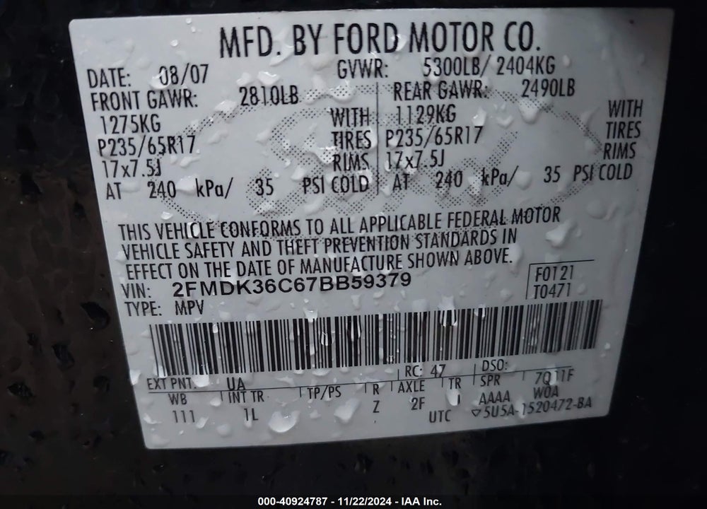 2007 FORD EDGE SE VIN: 2FMDK36C67BB59379