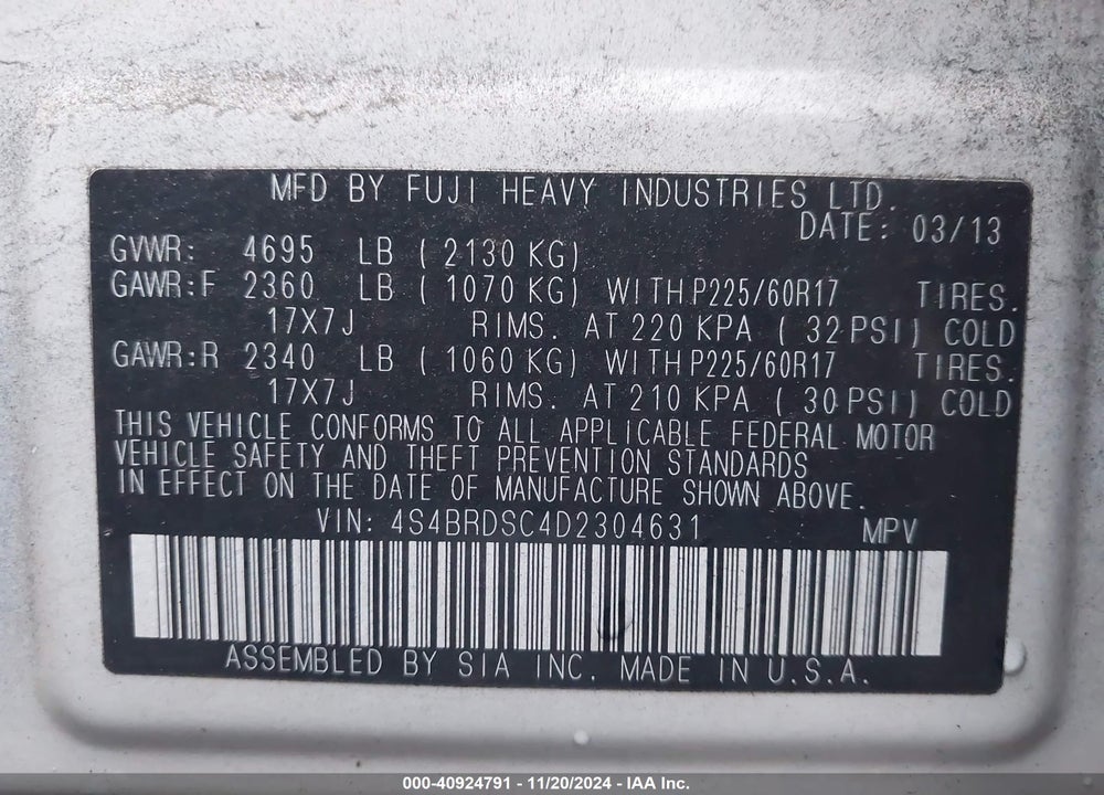 2013 SUBARU OUTBACK 3.6R LIMITED VIN: 4S4BRDSC4D2304631