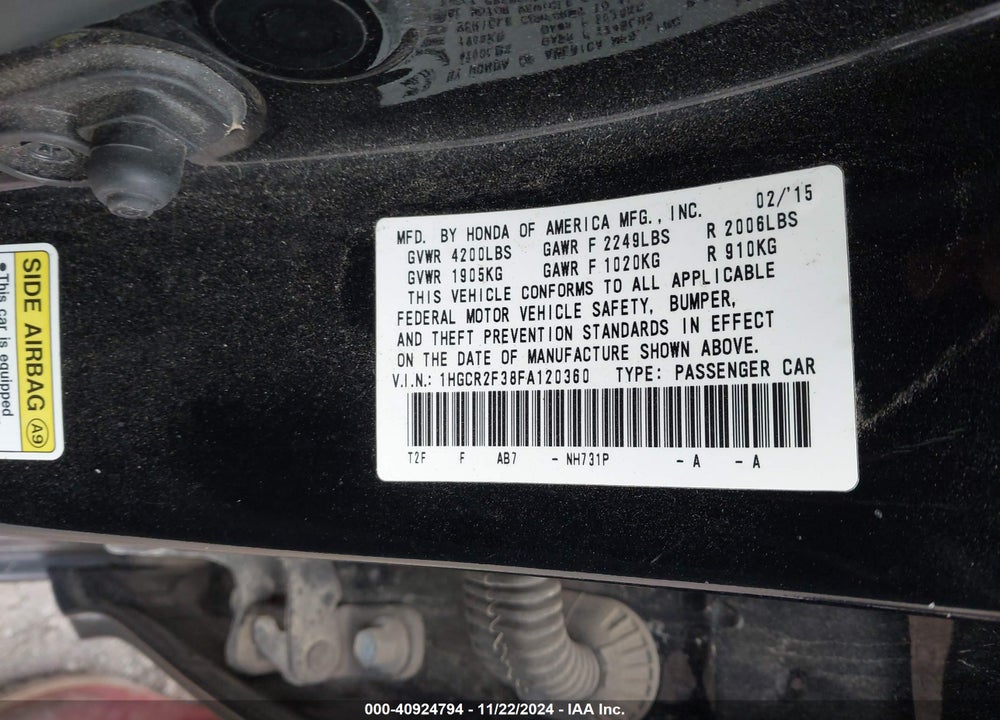 2015 HONDA ACCORD LX VIN: 1HGCR2F38FA120360