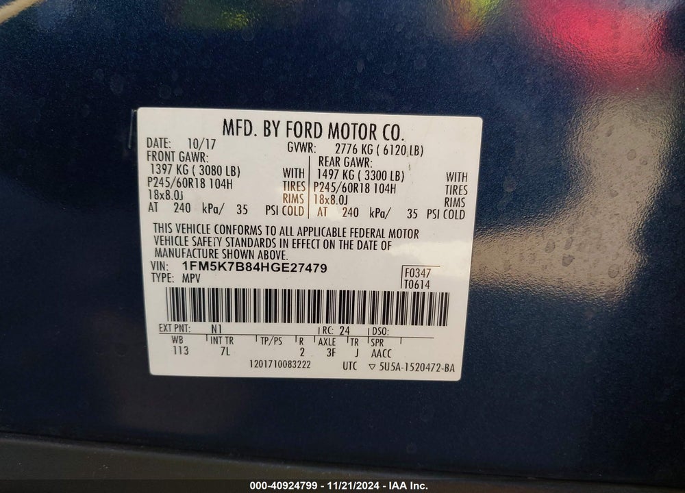 2017 FORD EXPLORER VIN: 1FM5K7B84HGE27479