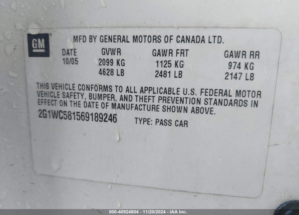 2006 CHEVROLET IMPALA LT VIN: 2G1WC581569189246