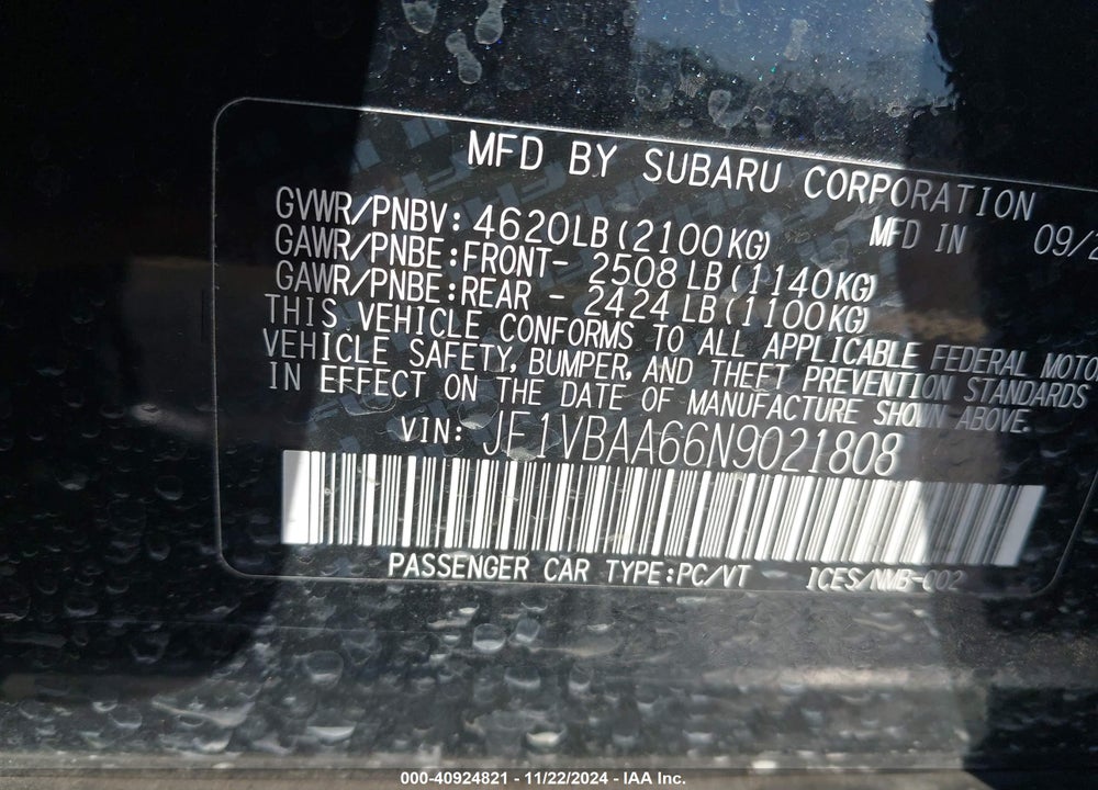 2022 SUBARU WRX VIN: JF1VBAA66N9021808