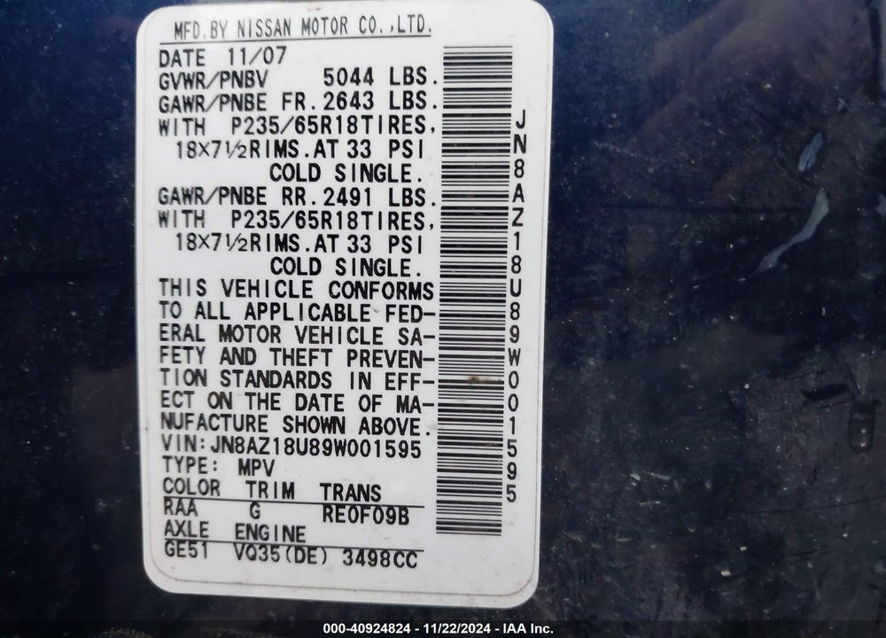 2009 NISSAN MURANO SL VIN: JN8AZ18U89W001595