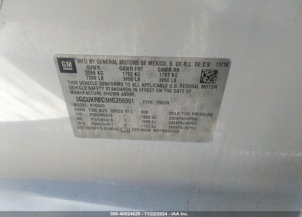 2017 CHEVROLET SILVERADO 1500 2LT VIN: 3GCUKREC3HG266901