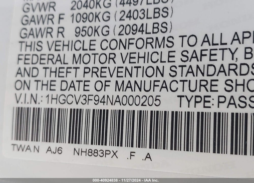 2022 HONDA ACCORD VIN: 1HGCV3F94NA000205