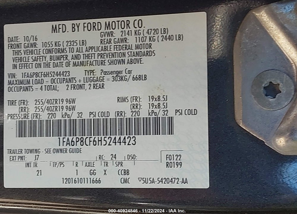 2017 FORD MUSTANG GT VIN: 1FA6P8CF6H5244423