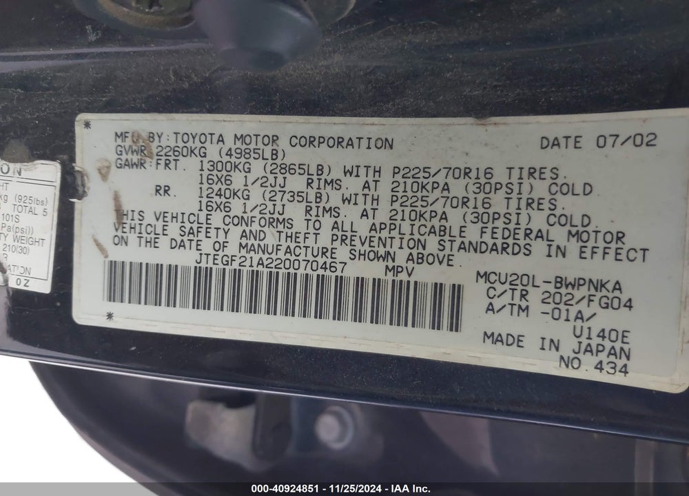 2002 TOYOTA HIGHLANDER V6 VIN: JTEGF21A220070467