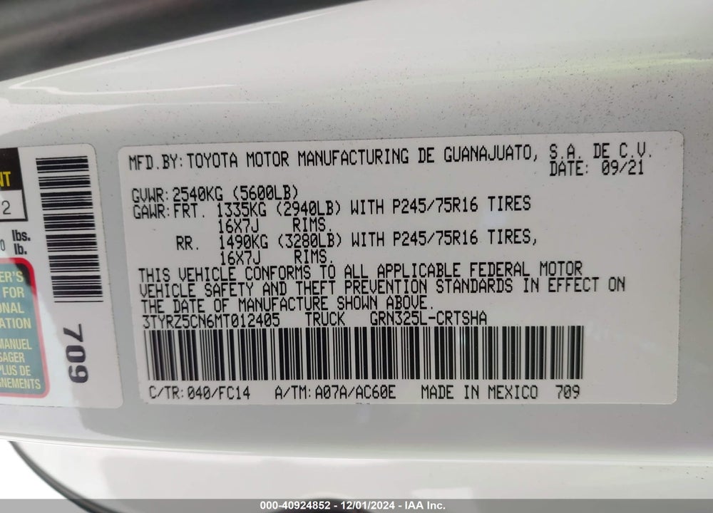2021 TOYOTA TACOMA SR5 V6 VIN: 3TYRZ5CN6MT012405