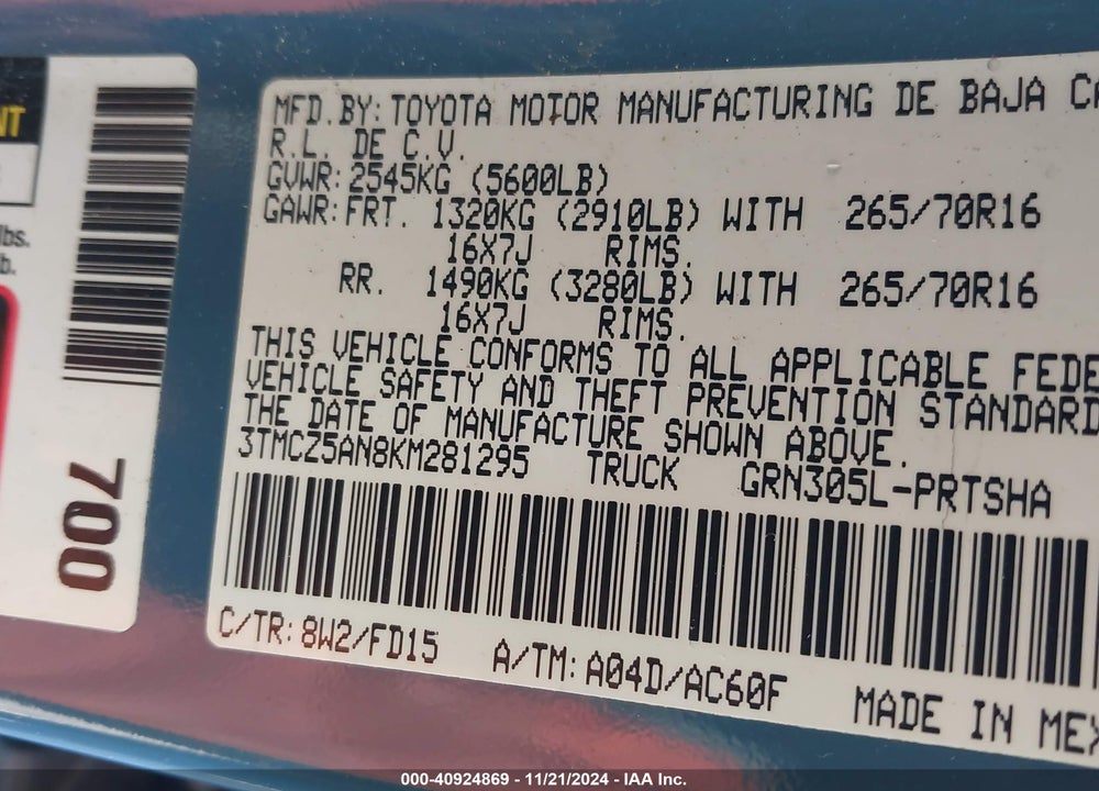 2019 TOYOTA TACOMA VIN: 3TMCZ5AN8KM281295